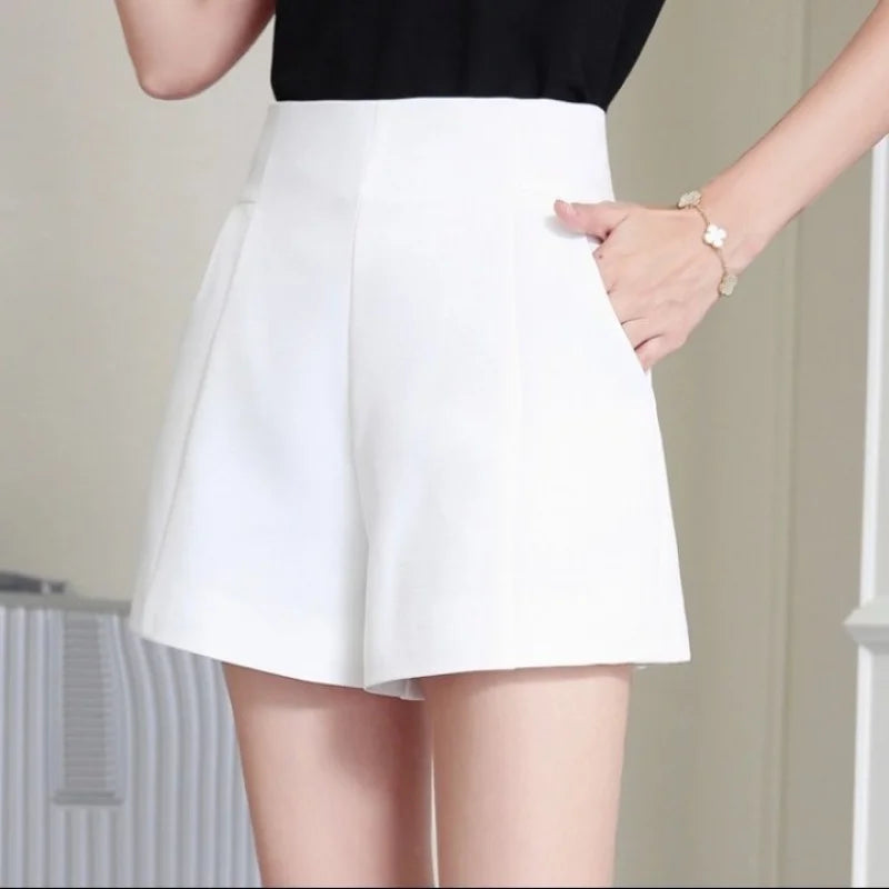 Women's Shorts Spring Summer Casual High Waist A-line Shorts Loose Wide Leg Chiffon Shorts Chic Lady Black White Suit Shorts