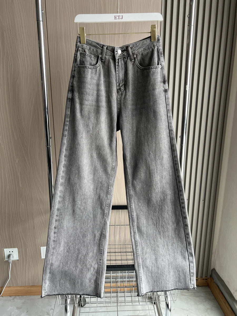 ETJ Wide-leg high-waisted jeans, women's classic, five-pocket, washed, soft, comfortable, extra-long jeans 6045022