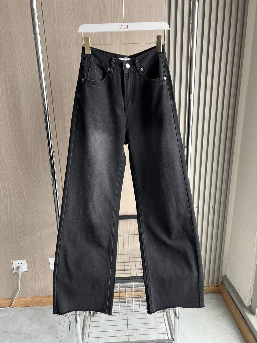 ETJ Wide-leg high-waisted jeans, women's classic, five-pocket, washed, soft, comfortable, extra-long jeans 6045022
