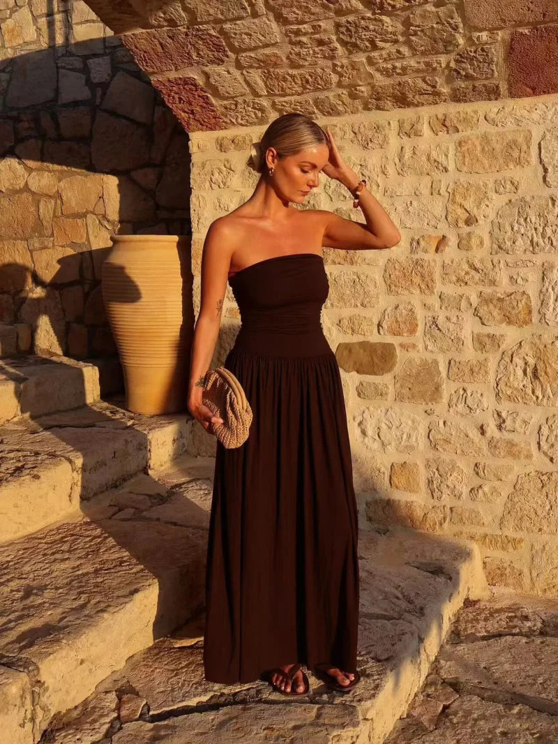 ETJ 2025 new women's elegant sexy off-shoulder fashion pleats detail slimming strapless dress