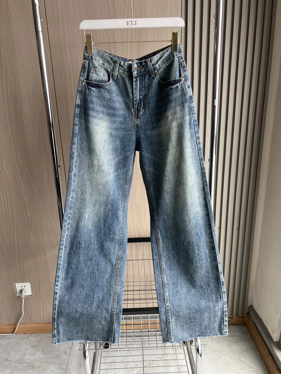ETJ Wide-leg high-waisted jeans, women's classic, five-pocket, washed, soft, comfortable, extra-long jeans 6045022