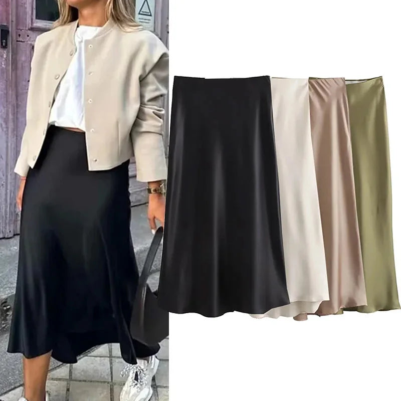 Willshela 2024 Black Satin Skirt Women High Waist Elegant Long Skirts For Women Fashion Summer Midi Skirt Office Women's Skirts