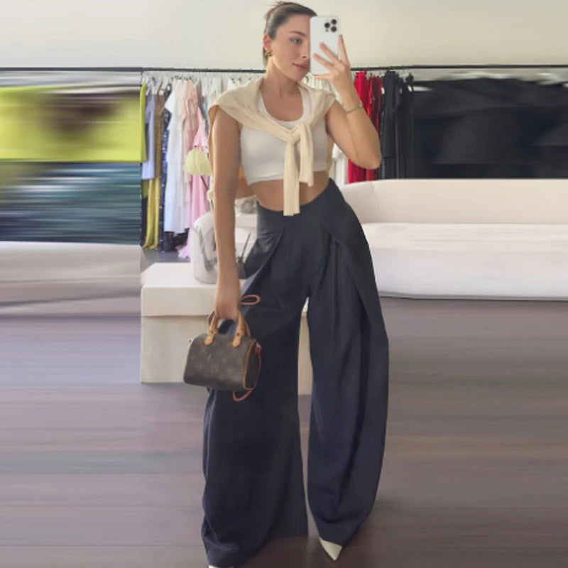 HXAO Striped Baggy Pants Women's Autumn 2025 Elegant Pleated Wide Leg Oversized Trousers Ladies Fashion High Waist Pants
