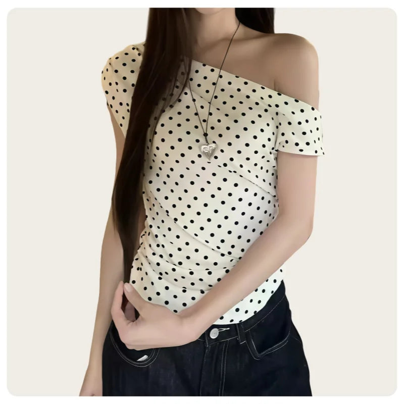 Retro Polka Dot Off-Shoulder Tee