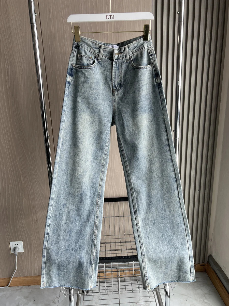 ETJ Wide-leg high-waisted jeans, women's classic, five-pocket, washed, soft, comfortable, extra-long jeans 6045022