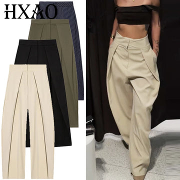 HXAO Striped Baggy Pants Women's Pants Autumn 2025 Elegant Pleated Wide Leg Oversized Trousers Ladies Fashion High Waist Pants