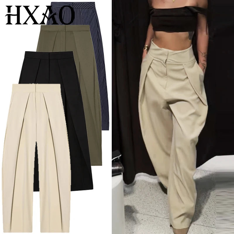 HXAO Striped Baggy Pants Women's Autumn 2025 Elegant Pleated Wide Leg Oversized Trousers Ladies Fashion High Waist Pants