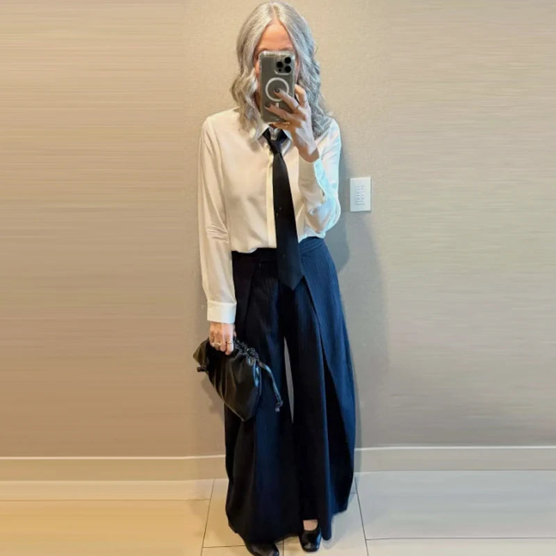 HXAO Striped Baggy Pants Women's Autumn 2025 Elegant Pleated Wide Leg Oversized Trousers Ladies Fashion High Waist Pants