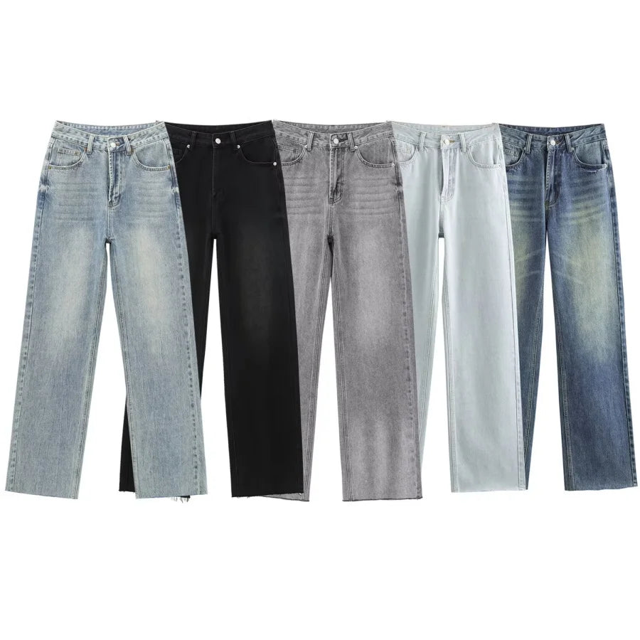 ETJ Wide-leg high-waisted jeans, women's classic, five-pocket, washed, soft, comfortable, extra-long jeans 6045022