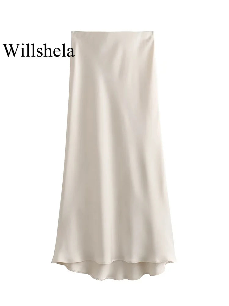 Willshela 2024 Black Satin Skirt Women High Waist Elegant Long Skirts For Women Fashion Summer Midi Skirt Office Women's Skirts