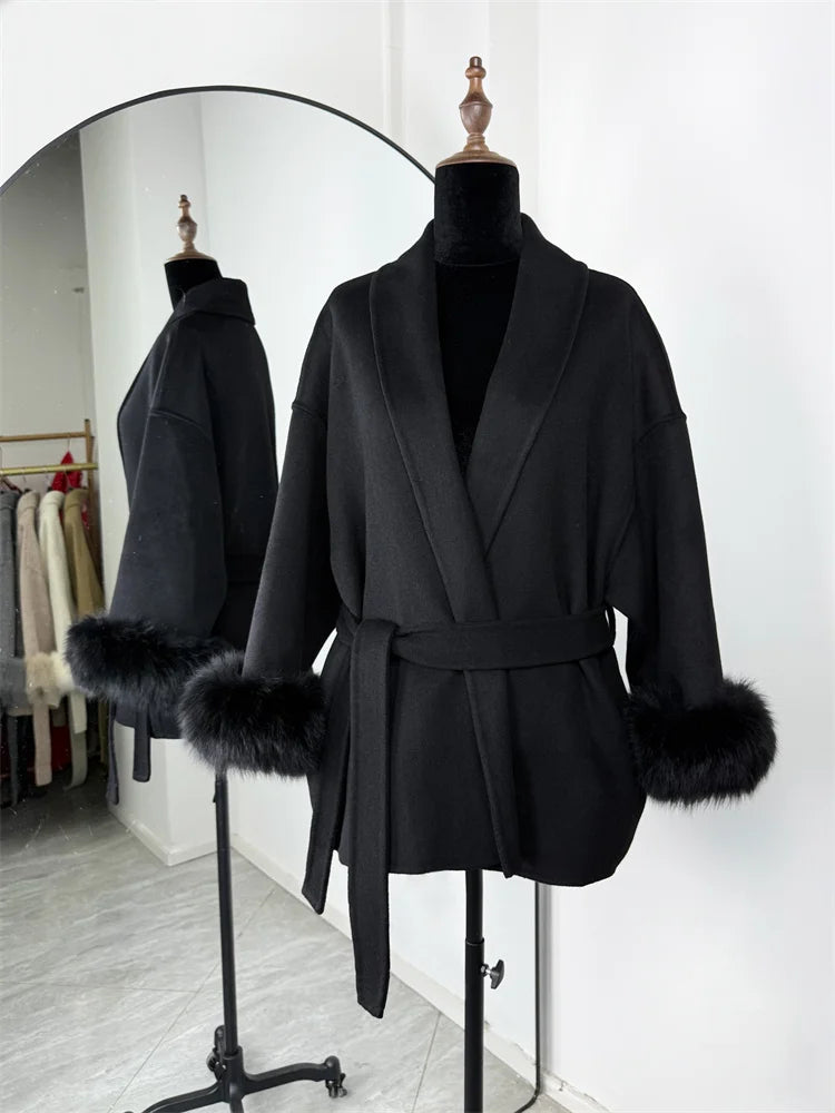 Elegant Fox Fur Wool Coat