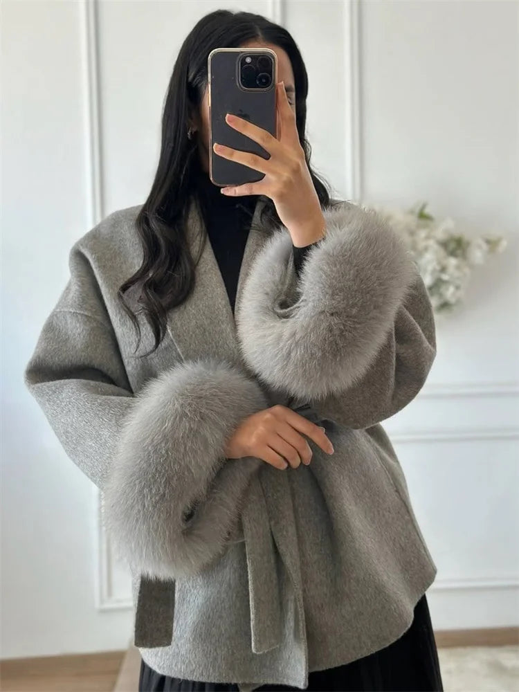 Elegant Fox Fur Wool Coat