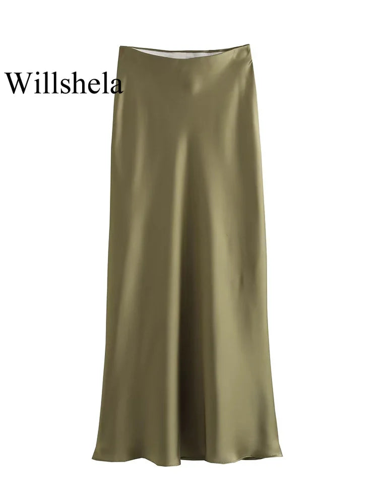 Willshela 2024 Black Satin Skirt Women High Waist Elegant Long Skirts For Women Fashion Summer Midi Skirt Office Women's Skirts