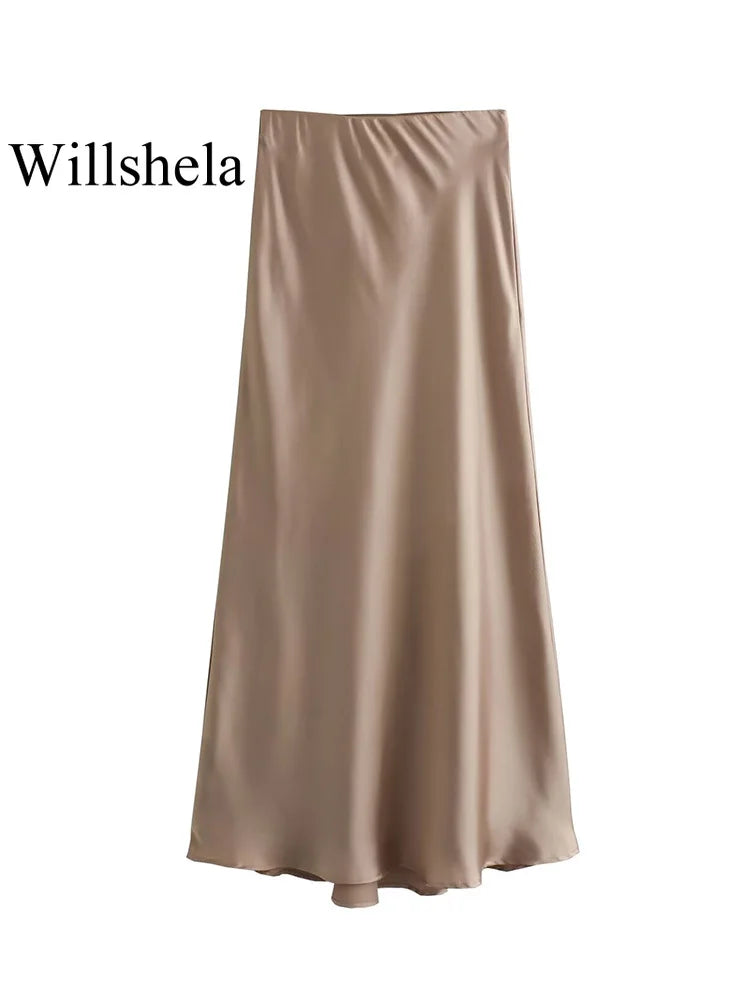 Willshela 2024 Black Satin Skirt Women High Waist Elegant Long Skirts For Women Fashion Summer Midi Skirt Office Women's Skirts