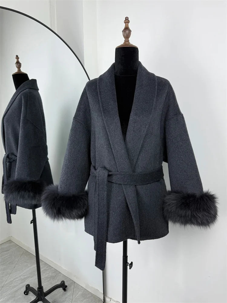 Elegant Fox Fur Wool Coat